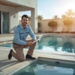 lucid-origin_Photorealistic_image_of_a_pool_maintenance_technician_in_uniform_kneeling_beside-0