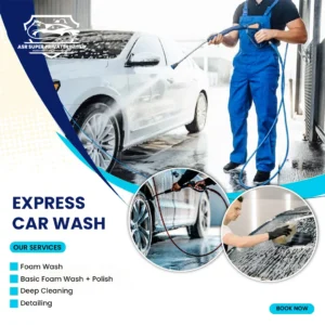 ASR Super express car wash service featuring foam wash, basic foam wash with polish, deep cleaning, and car detailing