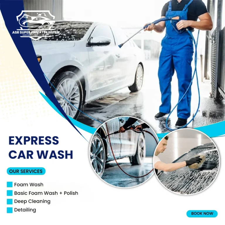 ASR Super express car wash service featuring foam wash, basic foam wash with polish, deep cleaning, and car detailing