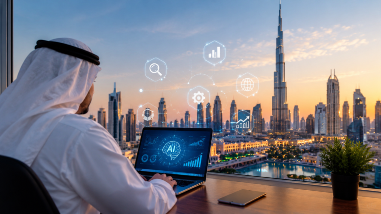 AI Analytics Over Dubai at Sunset