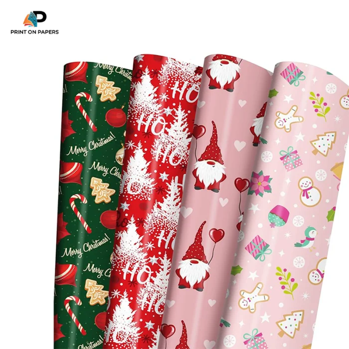 Custom Christmas wrapping paper rolls featuring festive holiday designs in red, green, and pink.