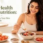 Essential Nutrients for Healthy Skin including fruits, vegetables, fish, eggs, nuts and healthy foods