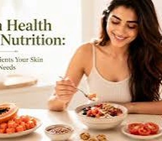 Essential Nutrients for Healthy Skin including fruits, vegetables, fish, eggs, nuts and healthy foods