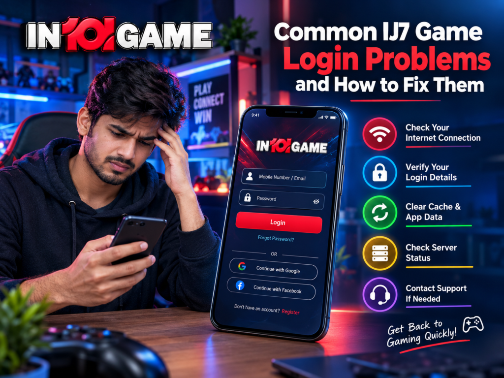 Realistic promotional image showing common IJ7 Game login problems and fixes, featuring a gamer using a smartphone, a login screen, and troubleshooting tips for internet connection, login details, cache clearing, server status, and customer support.