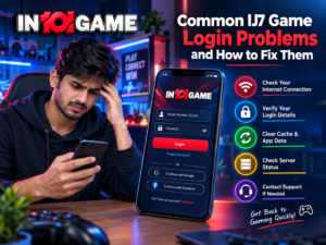 Realistic promotional image showing common IJ7 Game login problems and fixes, featuring a gamer using a smartphone, a login screen, and troubleshooting tips for internet connection, login details, cache clearing, server status, and customer support.