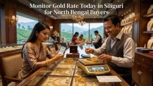 Gold necklaces and bangles displayed in a jewellery showroom, illustrating gold rate monitoring in Siliguri