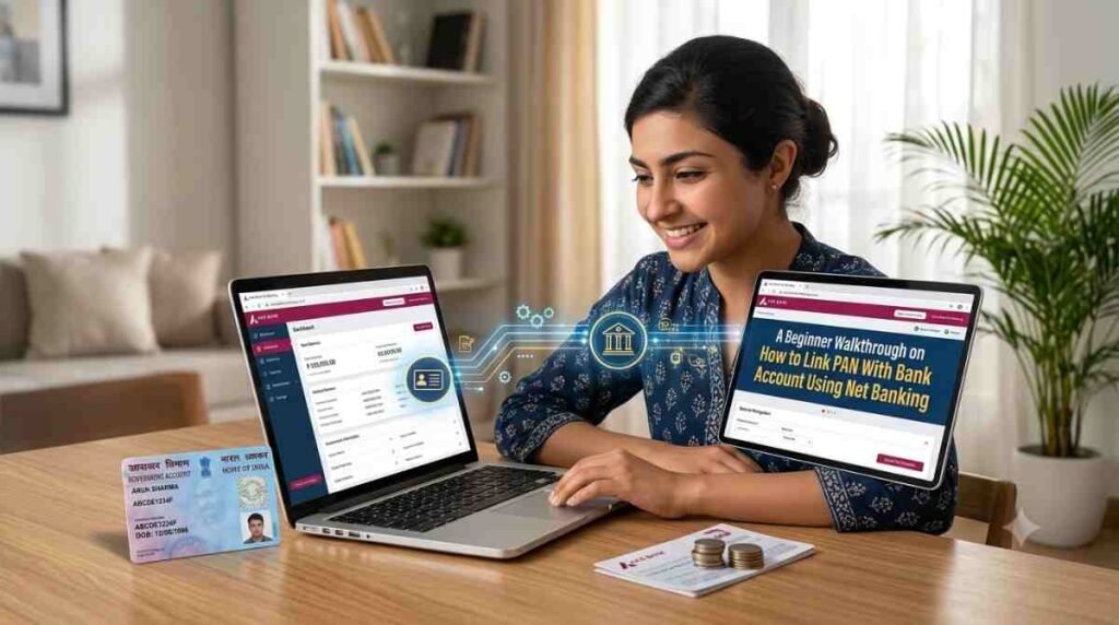 Net banking screen with a PAN linking option on a laptop