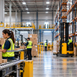 Warehouse automation in a modern distribution center with employees scanning packages, conveyor systems, and automated material handling equipment.