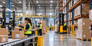Warehouse automation in a modern distribution center with employees scanning packages, conveyor systems, and automated material handling equipment.