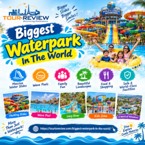 Aerial view of a huge waterpark featuring twisting water slides, swimming pools, and family attractions at the Biggest Waterpark In The World.
