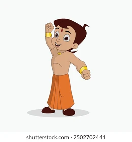 Illustration of Chota Bheem cartoon character waving hand wearing orange dhoti
