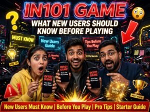 Shocked Indian users holding IN101 Game New User Must Know phones with viral neon title What New Users Should Know Before Playing